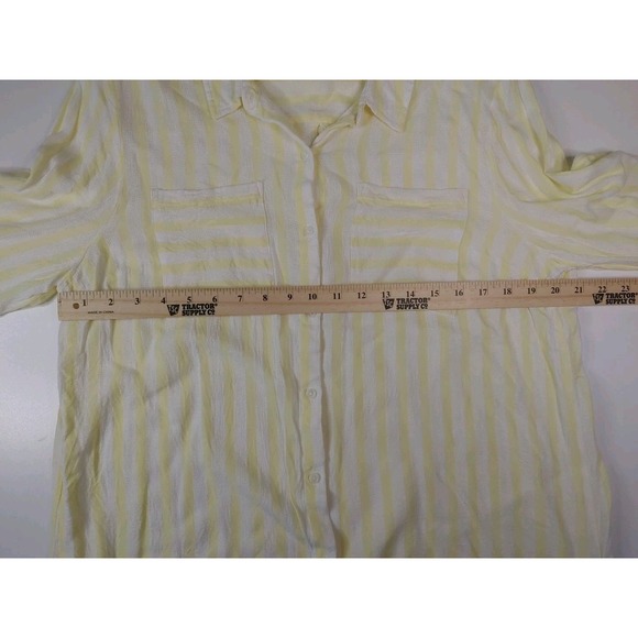 Cato Women's Top Yellow White Stripe Long Sleeve Button Down Blouse XL Pockets - Picture 3 of 5